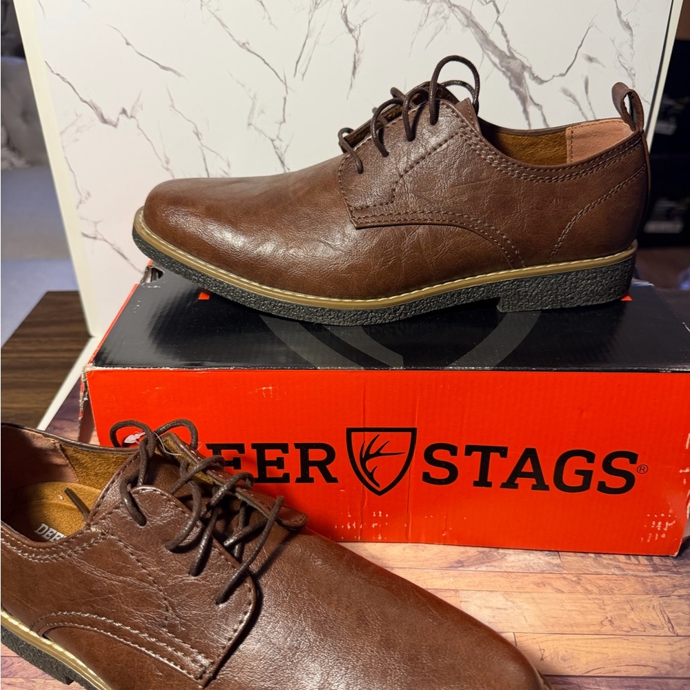 New Deer Stags Men 7 M Laced-Up Zander Oxford Dress Shoes Dark Brown Memory Foam